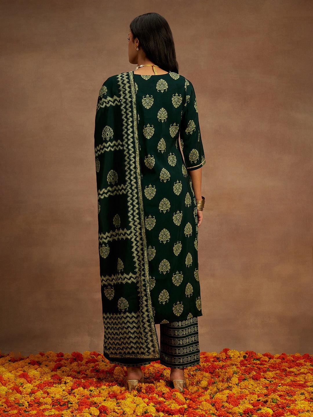 Green Printed Silk Blend Straight Kurta With Trousers & Dupatta - Libas 