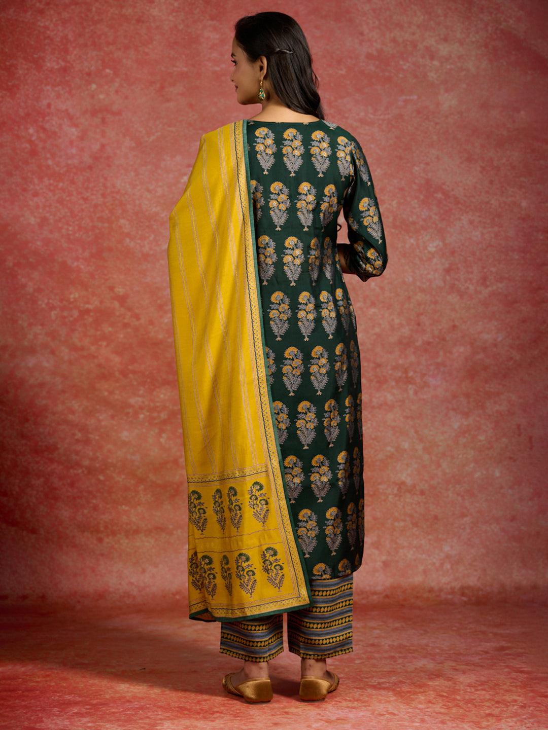 Green Printed Silk Blend Straight Kurta With Trousers & Dupatta - Libas 