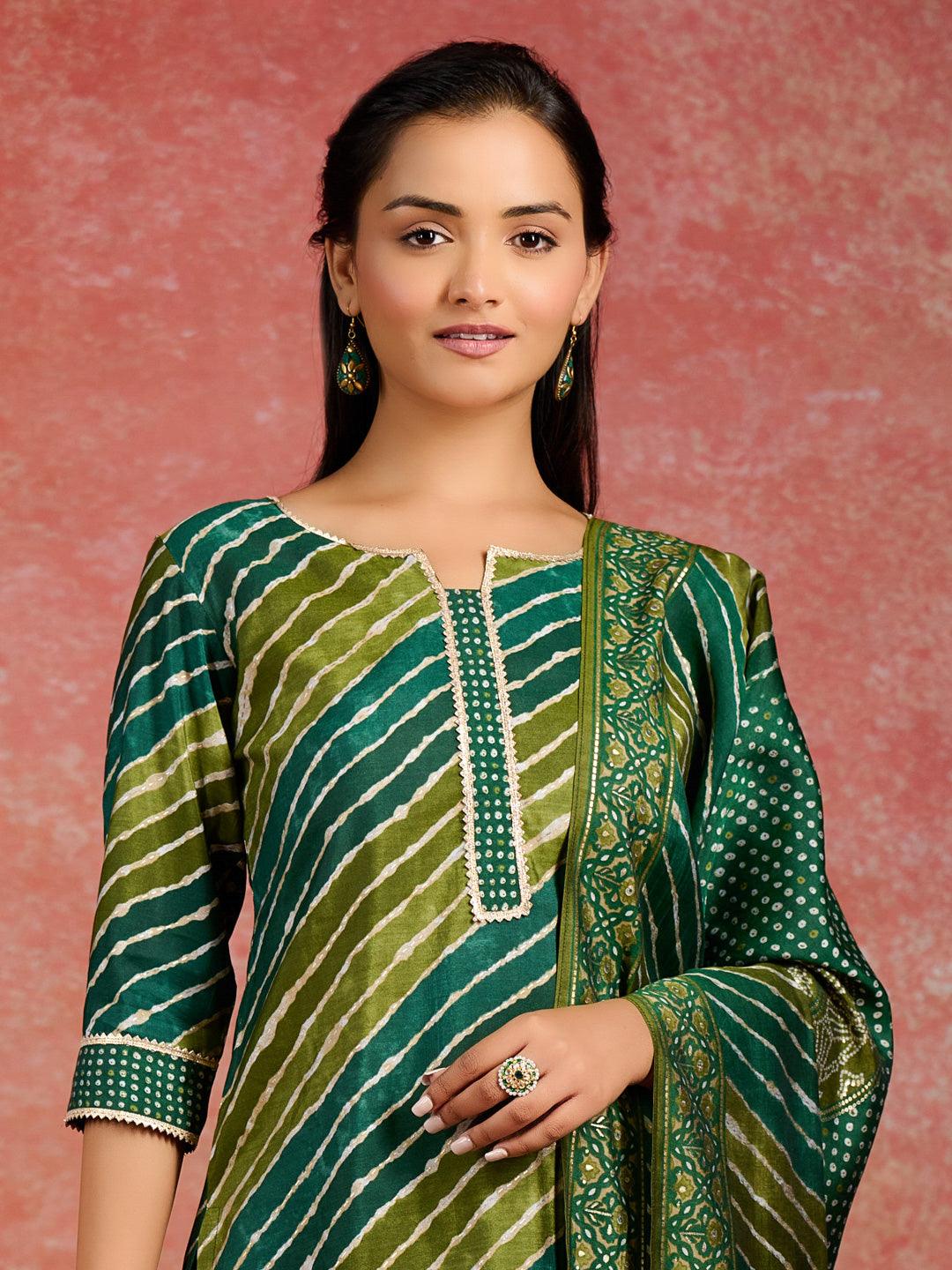 Green Printed Silk Blend Straight Kurta With Trousers & Dupatta - Libas 