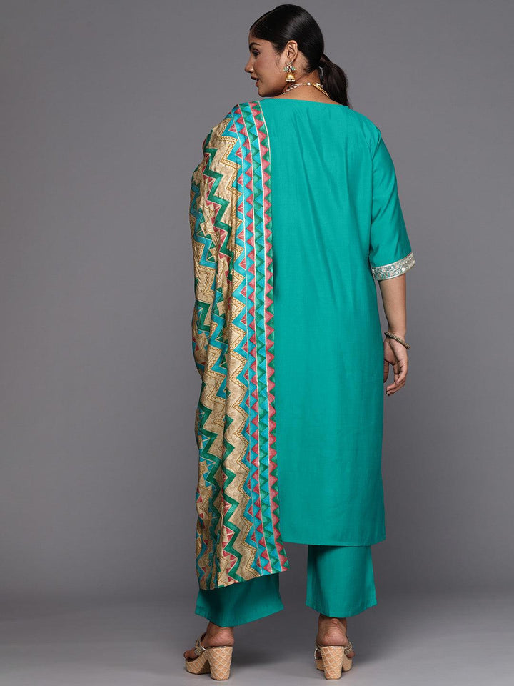 Green Printed Silk Blend Straight Kurta With Trousers & Dupatta - Libas