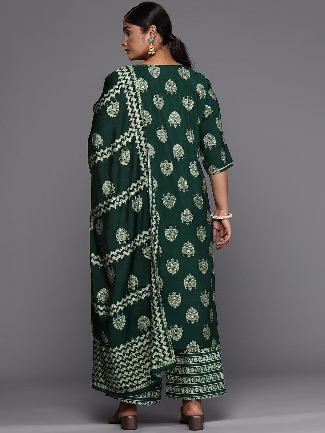 Green Printed Silk Blend Straight Kurta With Trousers & Dupatta - Libas 