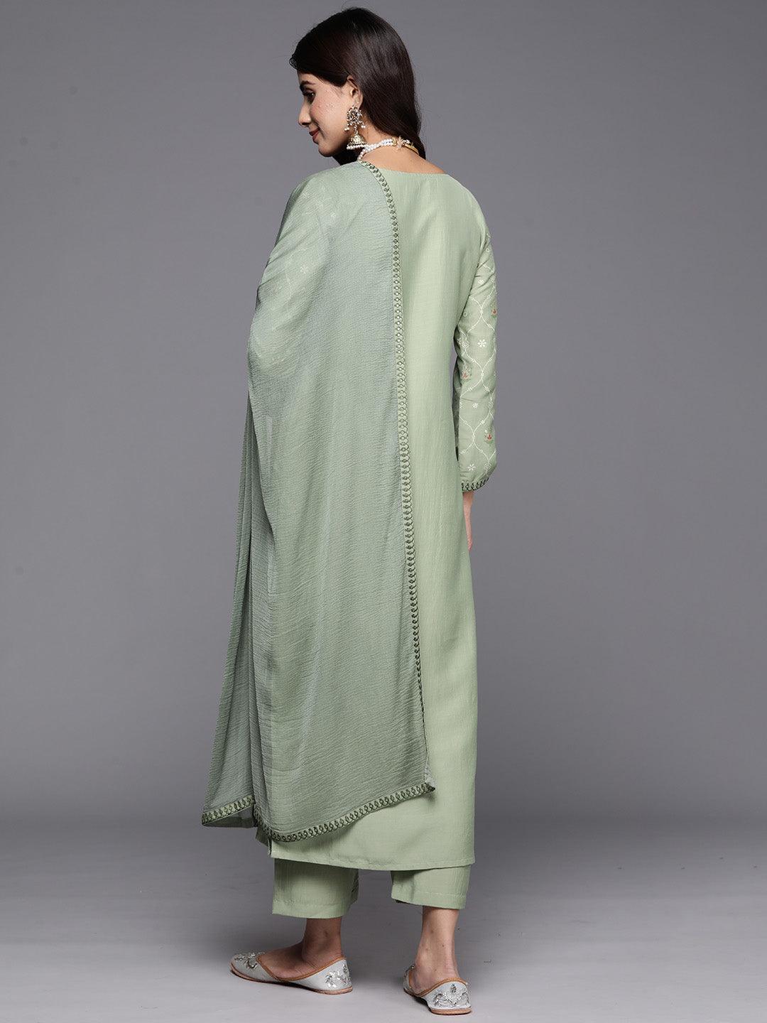 Green Printed Silk Blend Straight Kurta With Trousers & Dupatta - Libas 