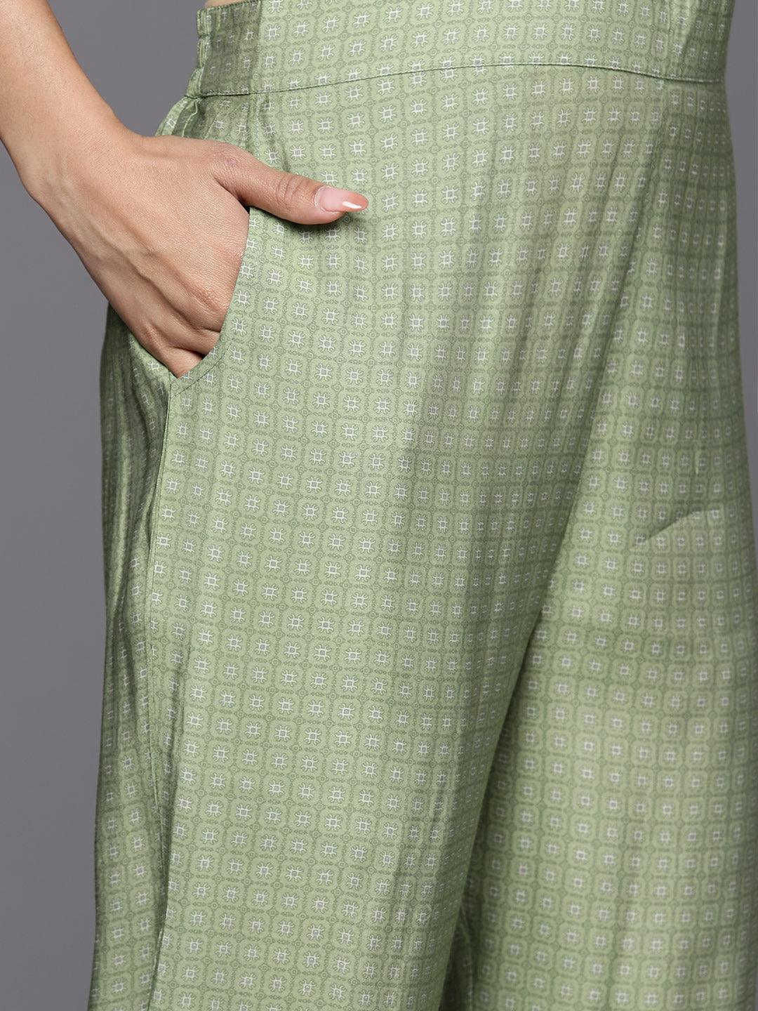 Green Printed Silk Blend Straight Suit Set With Trousers - Libas 