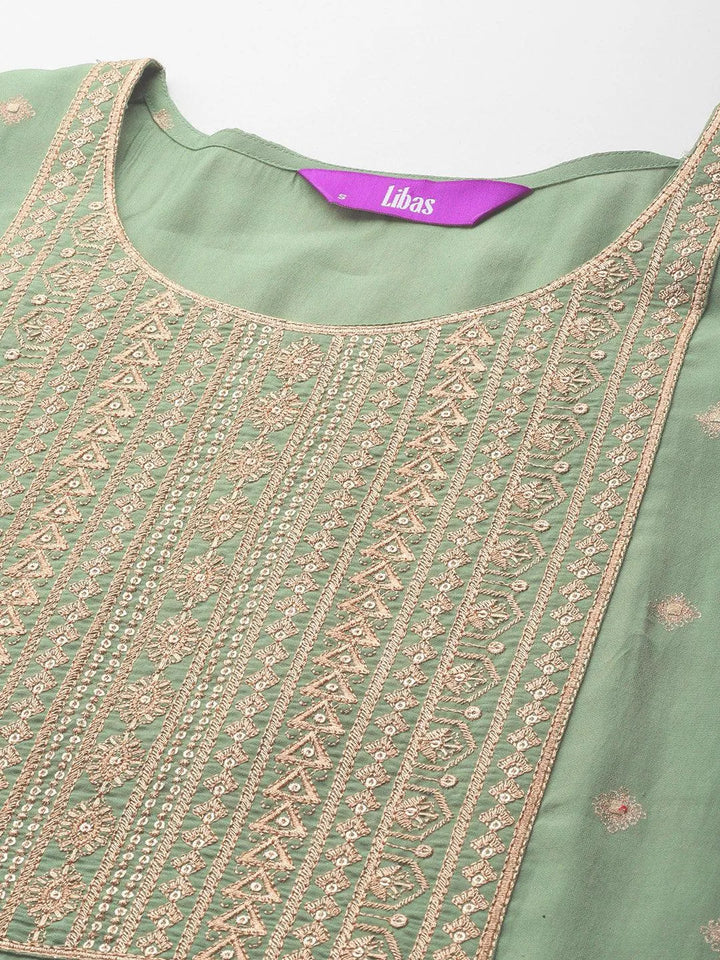 Green Printed Silk Blend Straight Kurta With Trousers & Dupatta - Libas