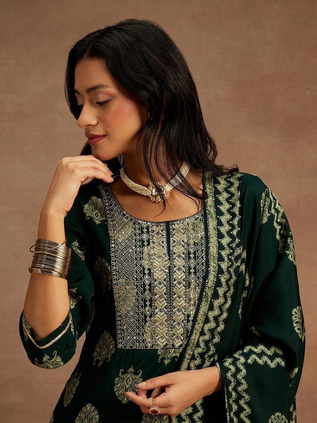 Green Printed Silk Blend Straight Kurta With Trousers & Dupatta - Libas