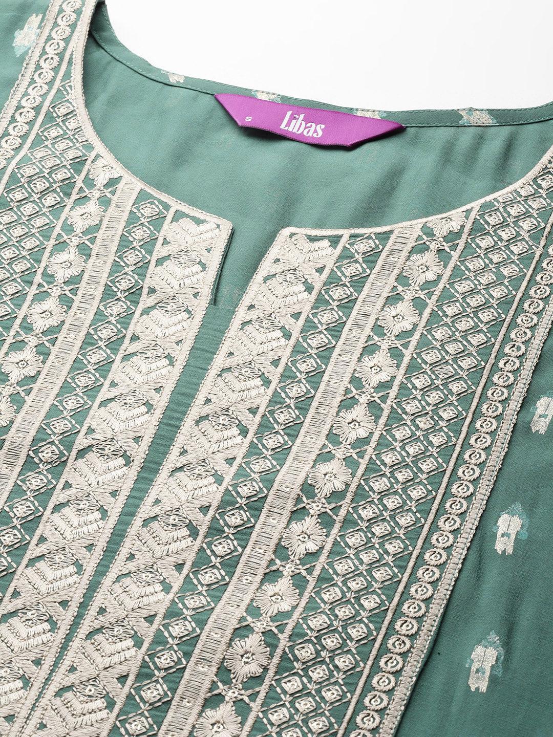 Green Printed Silk Blend Straight Kurta With Trousers & Dupatta - Libas