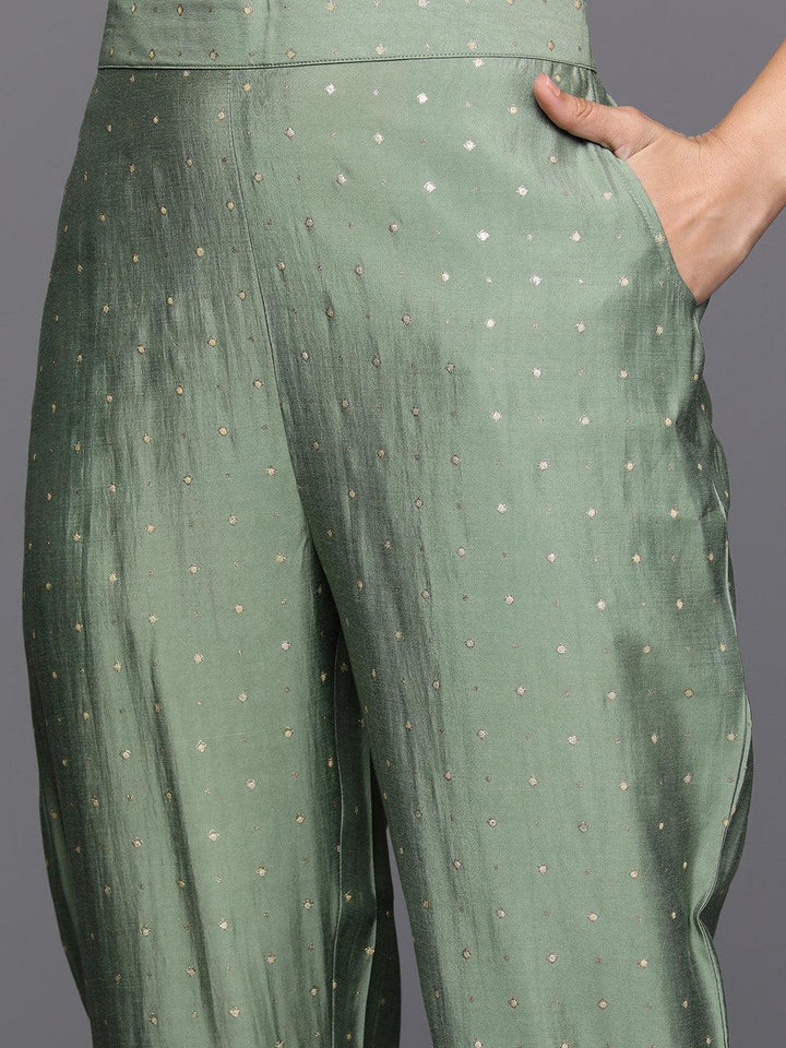 Green Printed Silk Blend Straight Kurta With Trousers & Dupatta - Libas