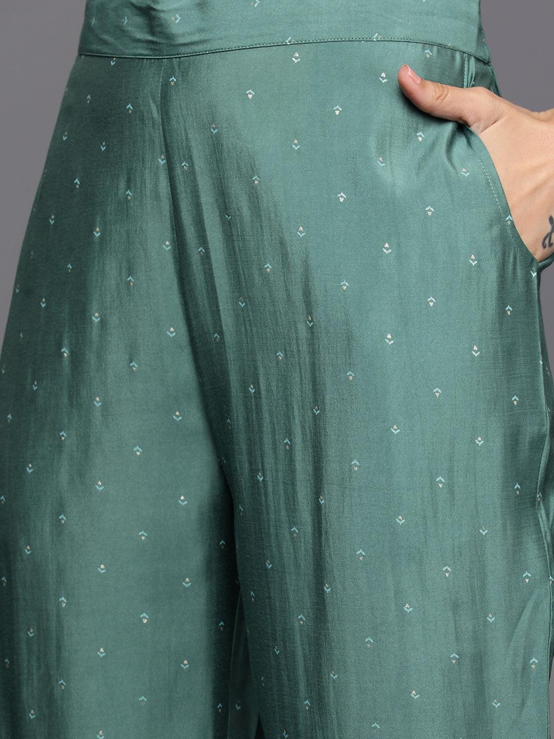 Green Printed Silk Blend Straight Kurta With Trousers & Dupatta - Libas