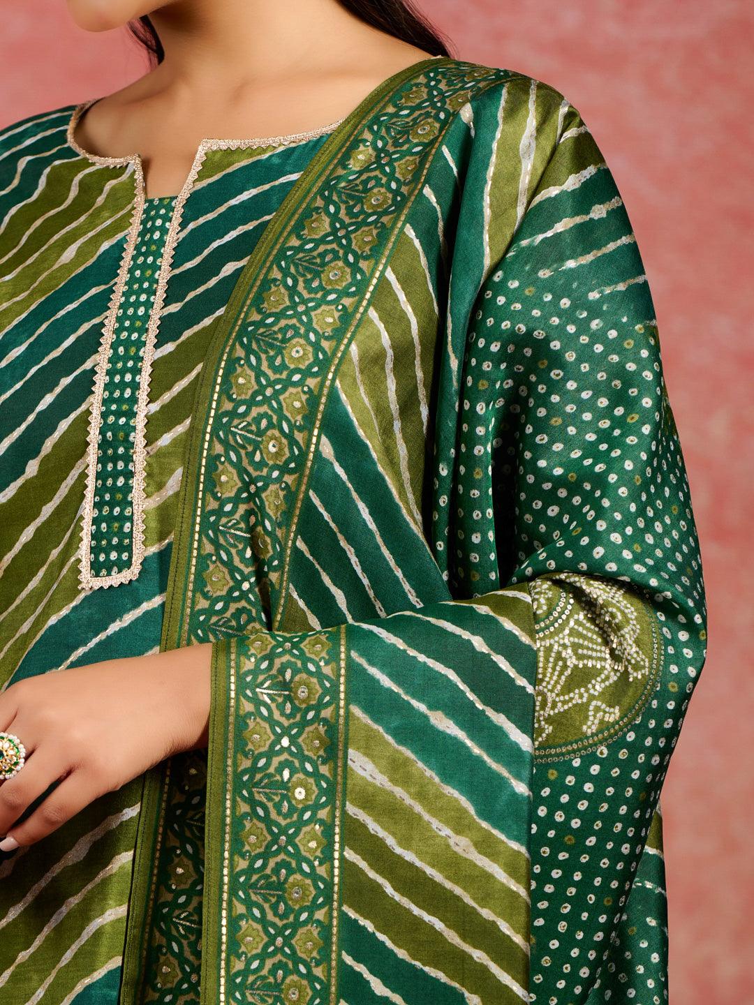 Green Printed Silk Blend Straight Kurta With Trousers & Dupatta - Libas 