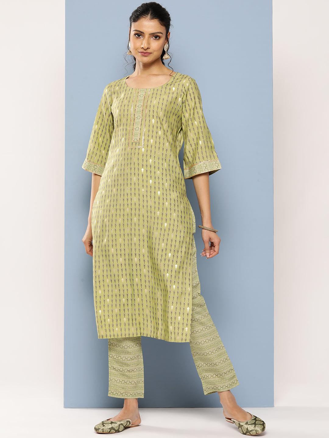 Green Printed Silk Blend Straight Kurta Set With Trousers - Libas 