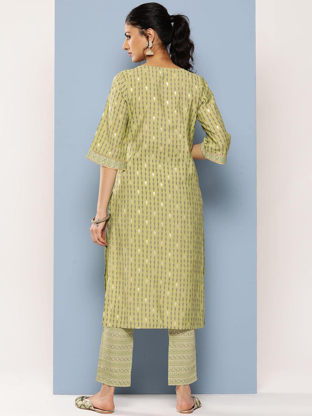 Green Printed Silk Blend Straight Kurta Set With Trousers - Libas 