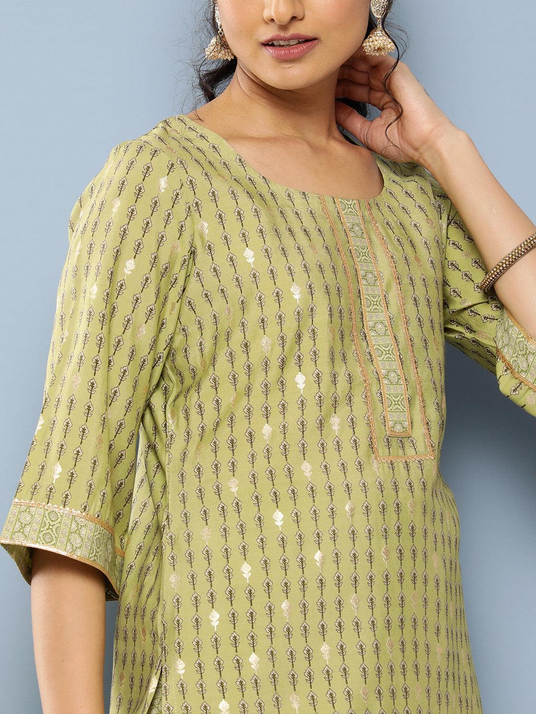 Green Printed Silk Blend Straight Kurta Set With Trousers - Libas 