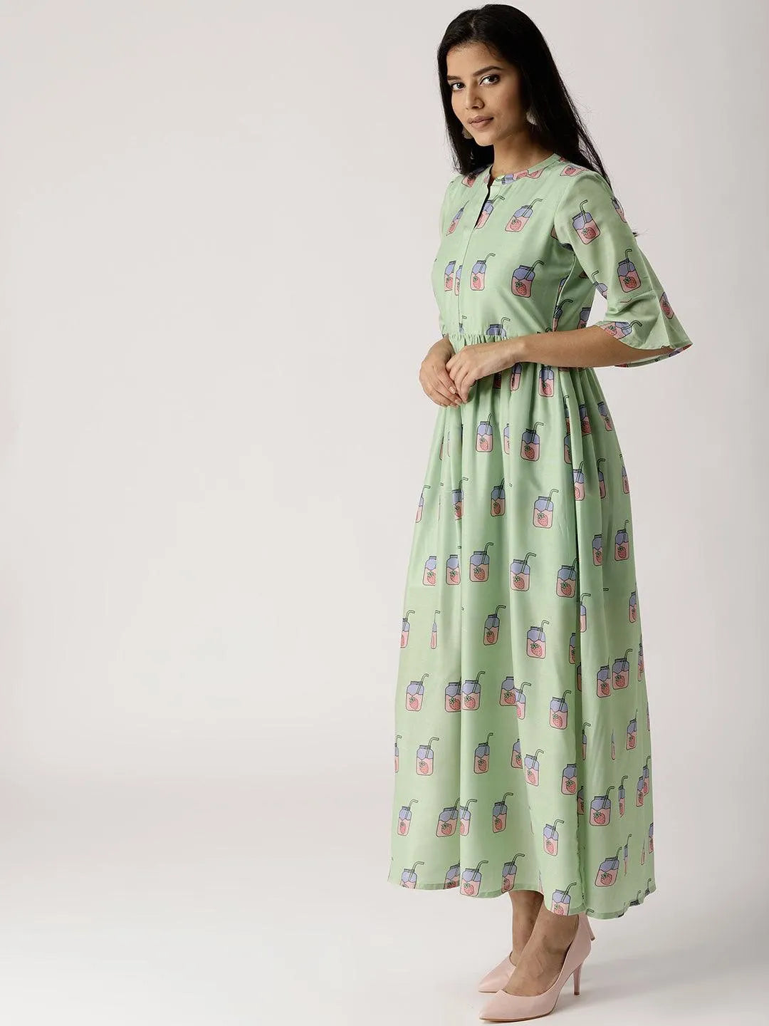 Green Printed Silk Dress - Libas