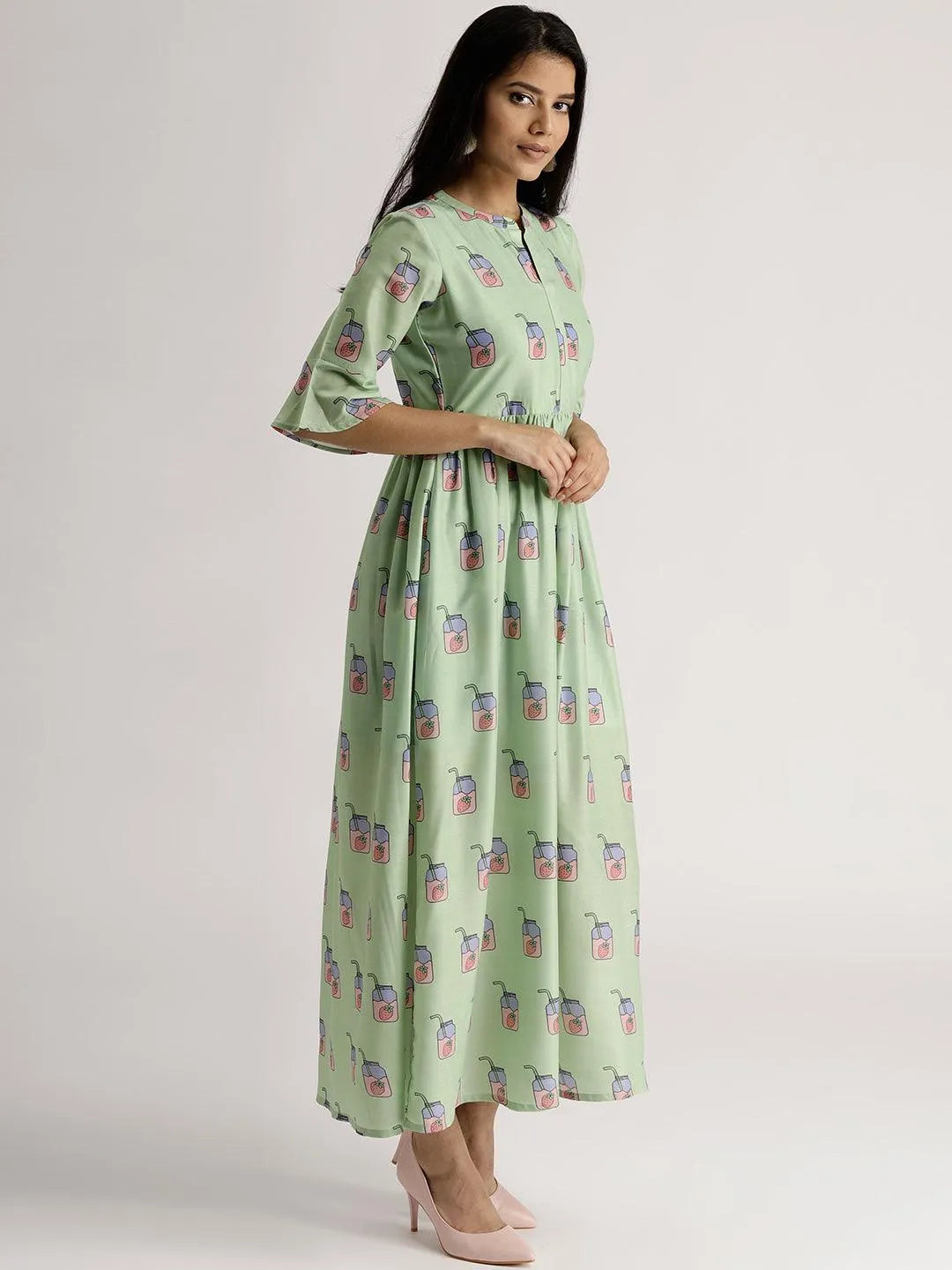 Green Printed Silk Dress - Libas 