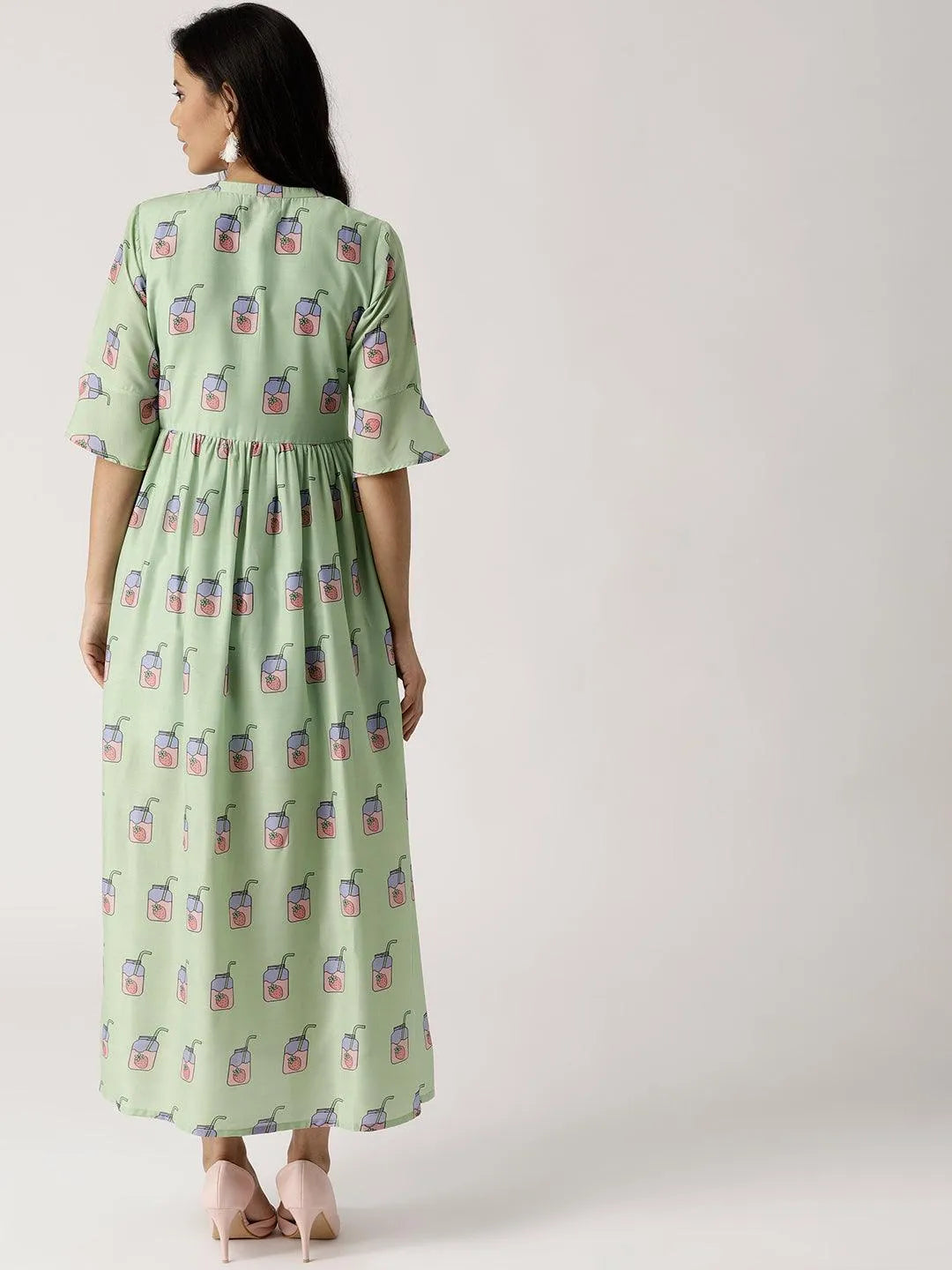 Green Printed Silk Dress - Libas 