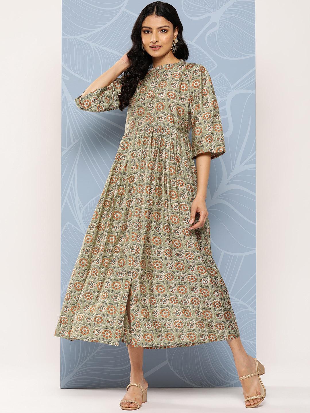 Green Printed Silk Fit and Flare Dress - Libas 