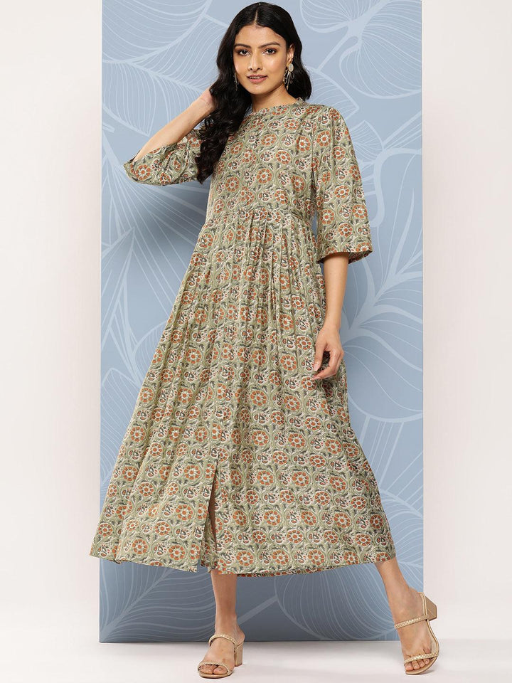 Green Printed Silk Fit and Flare Dress - Libas