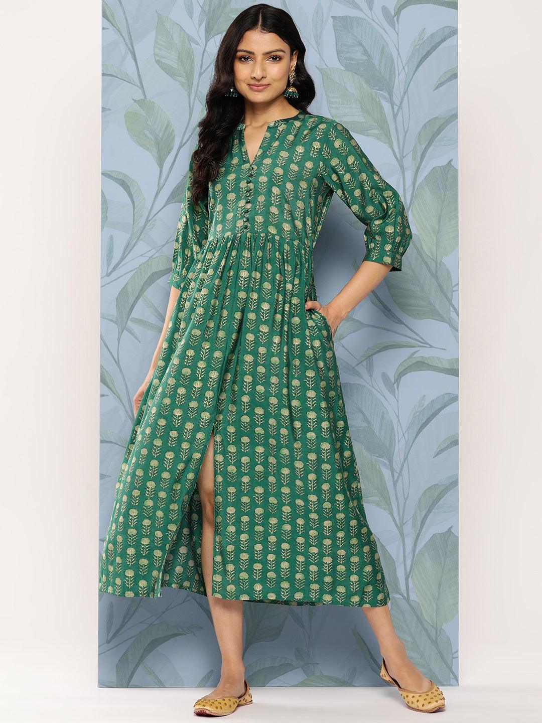 Green Printed Silk Fit and Flare Dress - Libas 