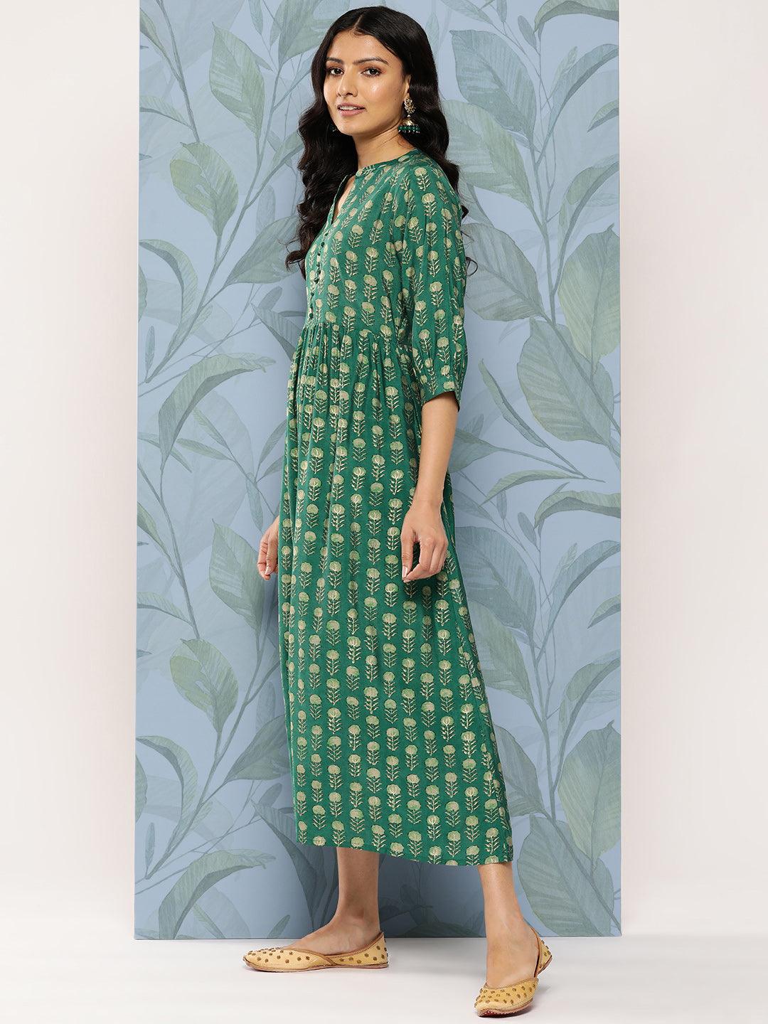 Green Printed Silk Fit and Flare Dress - Libas 