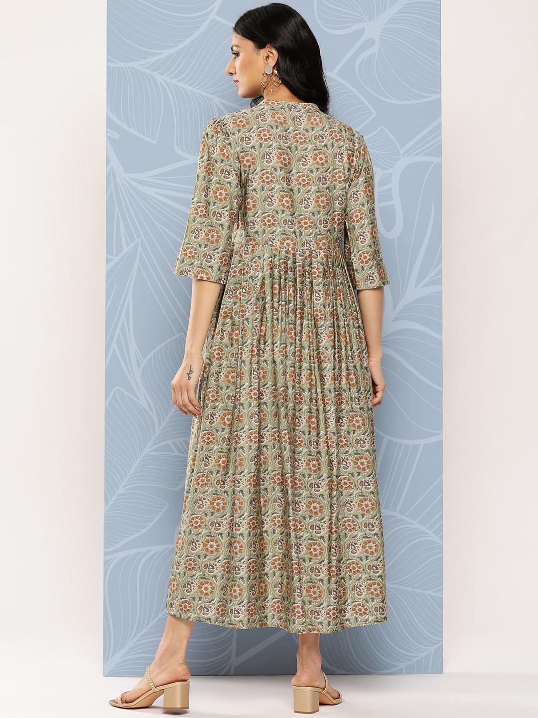 Green Printed Silk Fit and Flare Dress - Libas 