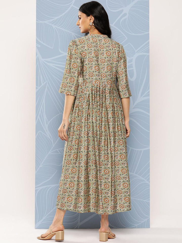 Green Printed Silk Fit and Flare Dress - Libas