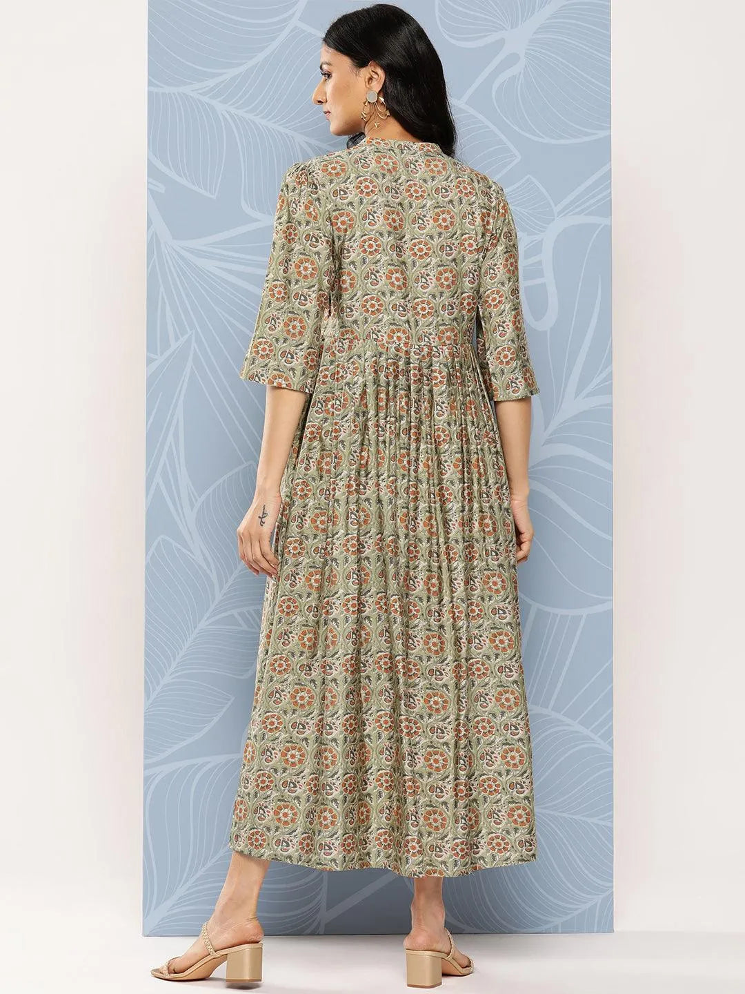 

Green Printed Silk Fit and Flare Dress