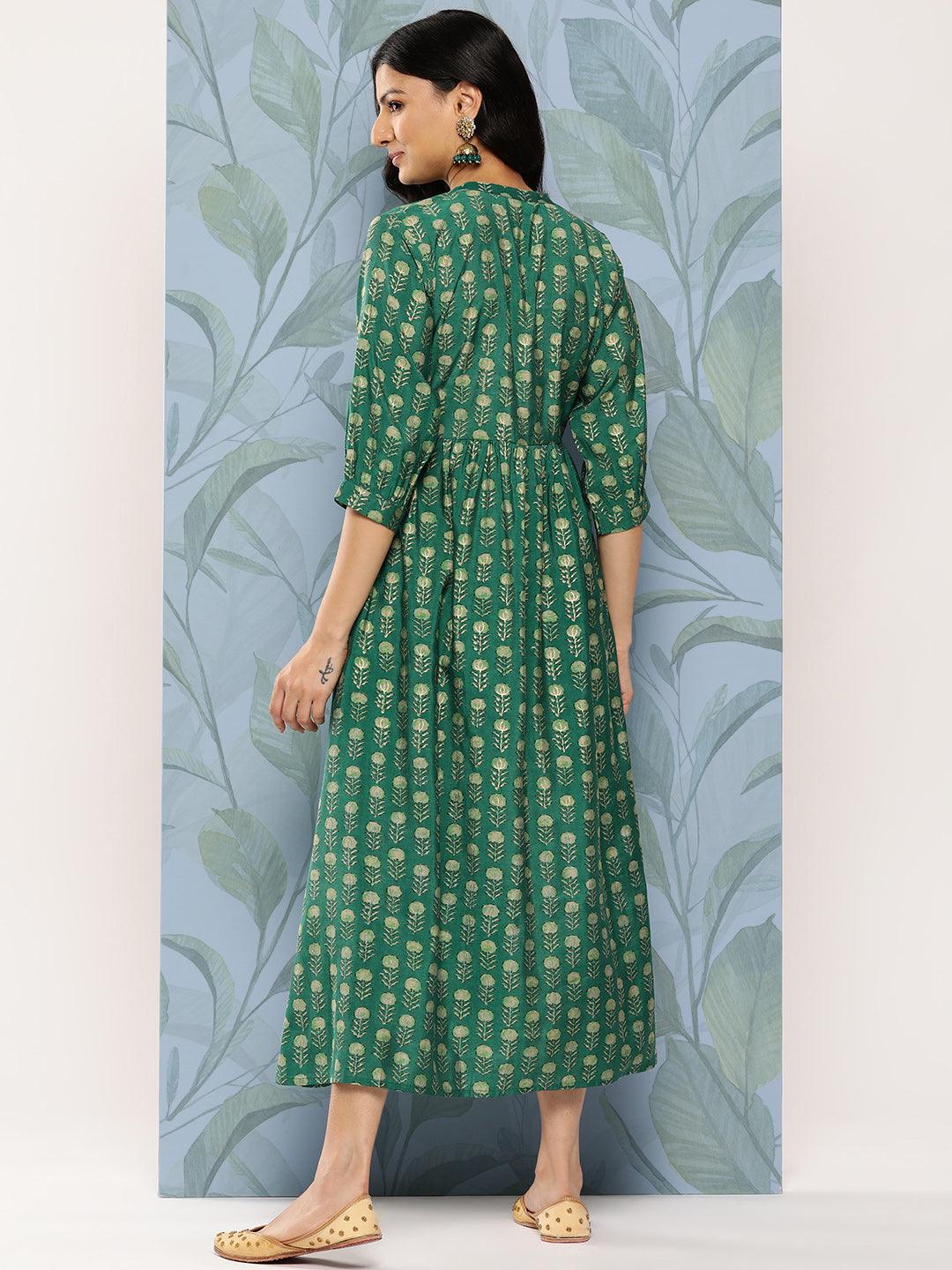 Green Printed Silk Fit and Flare Dress - Libas 