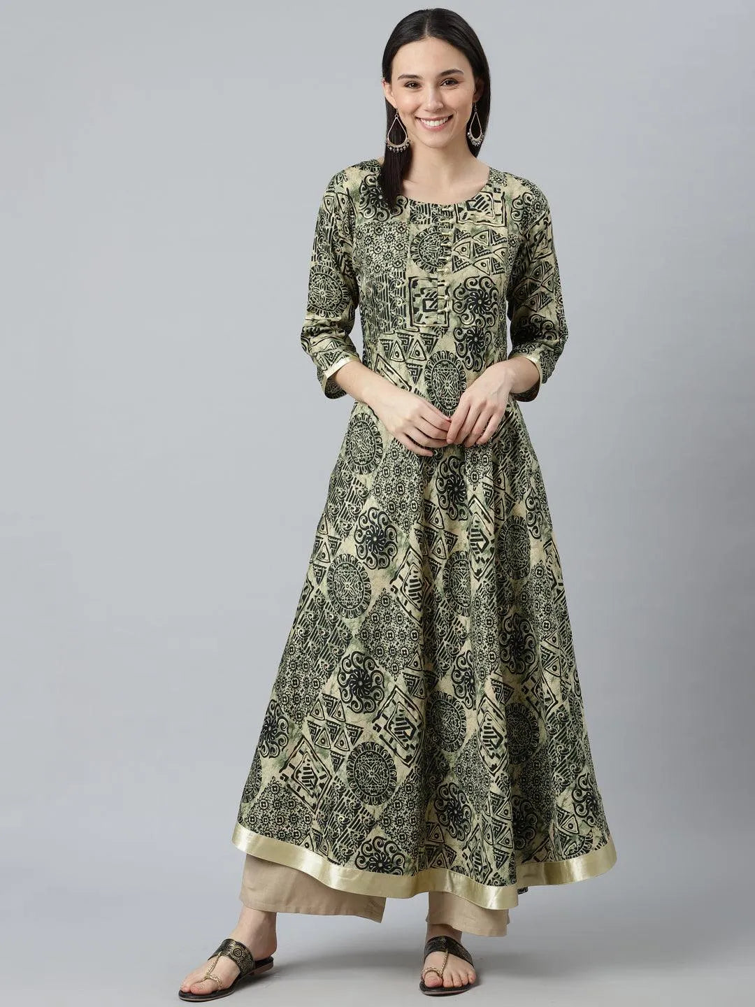 Green Printed Silk Kurta - Libas 