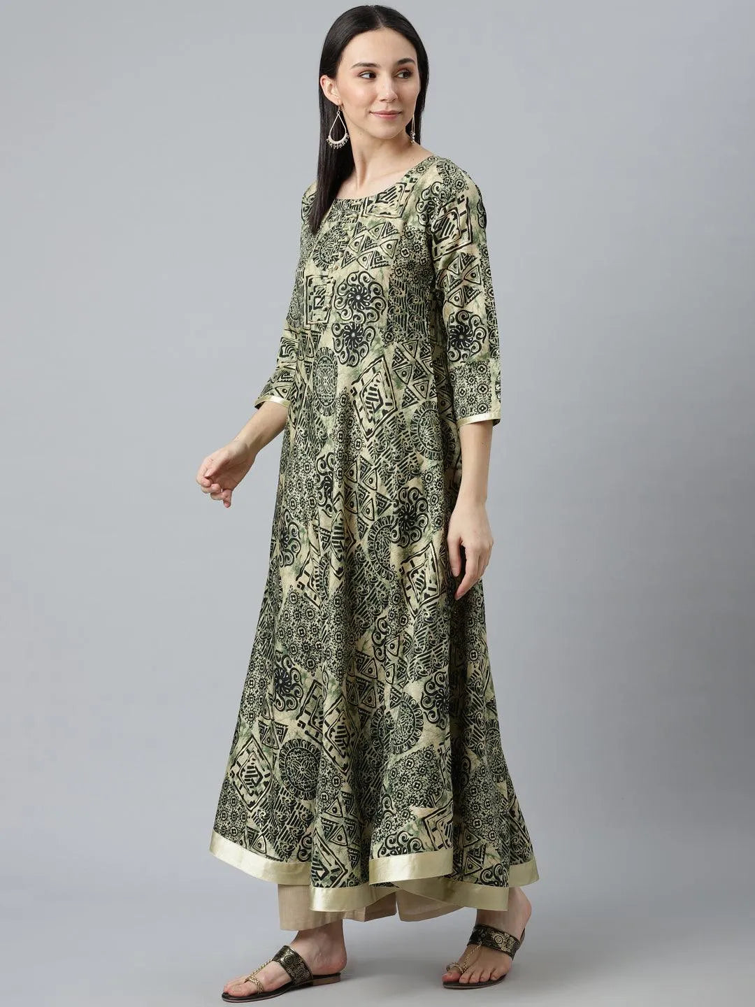 Green Printed Silk Kurta - Libas 