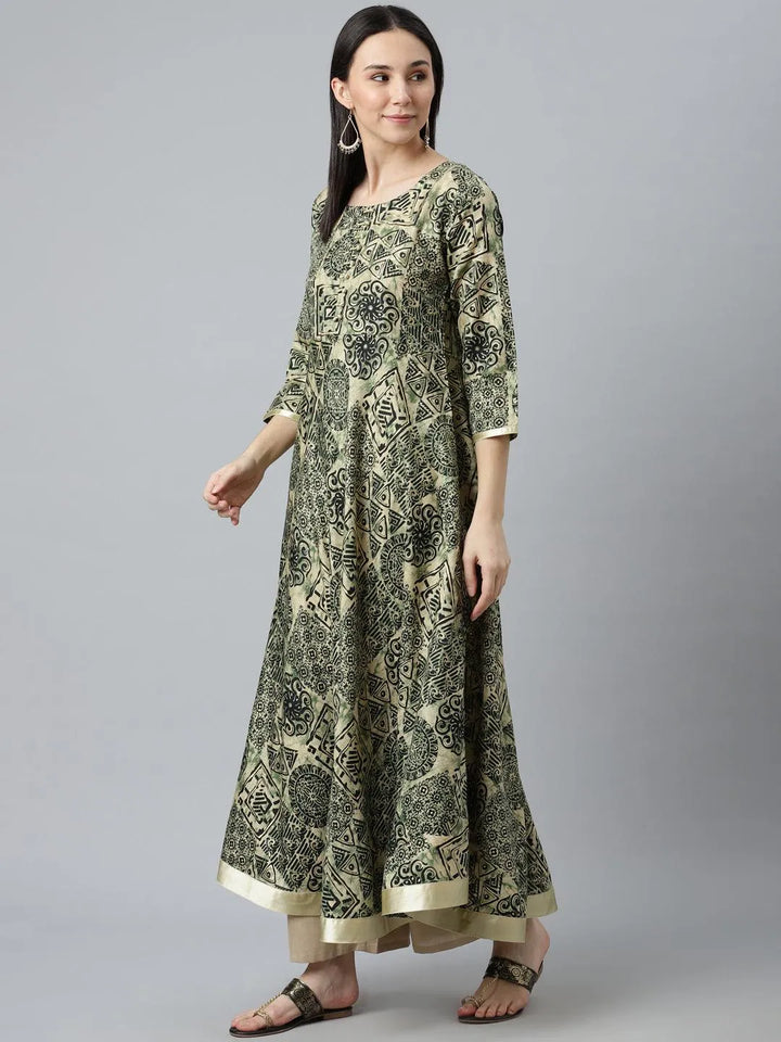 Green Printed Silk Kurta - Libas