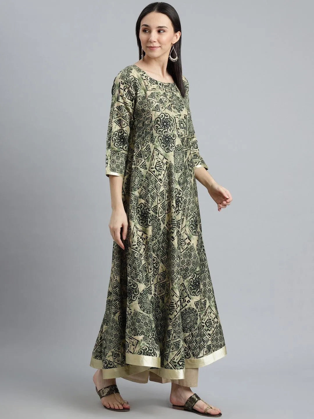 Green Printed Silk Kurta - Libas