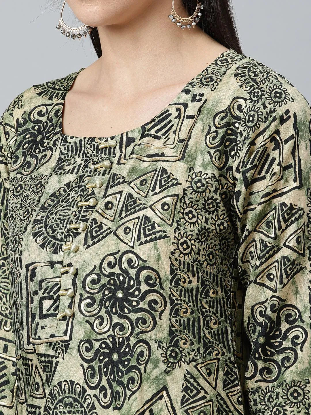 Green Printed Silk Kurta - Libas