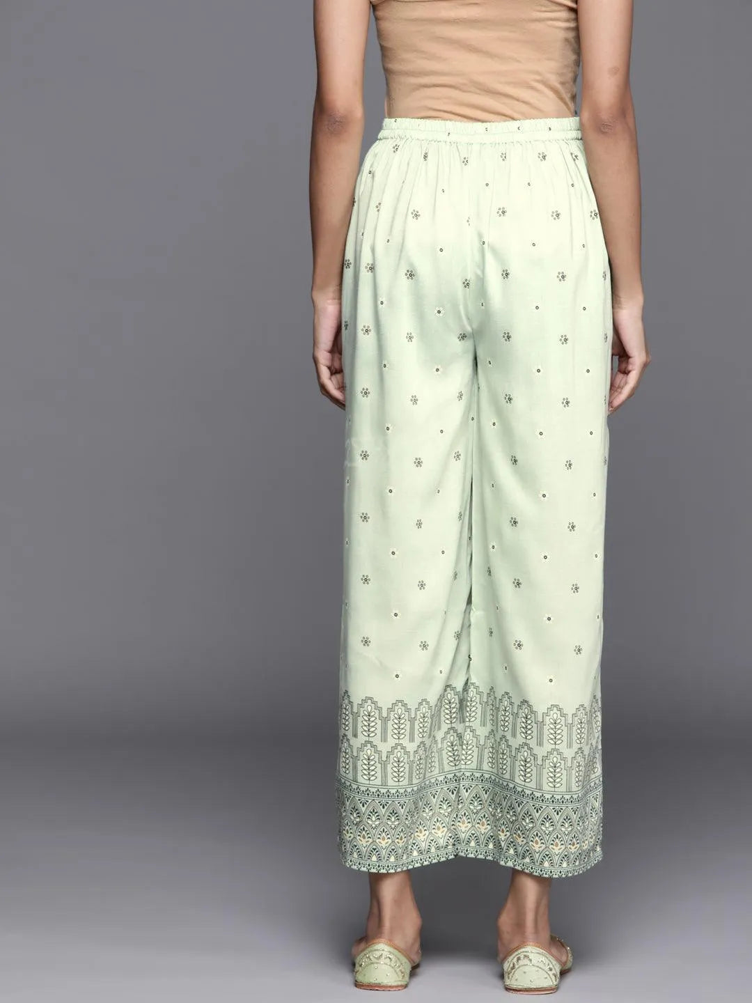 Green Printed Silk Palazzos - Libas