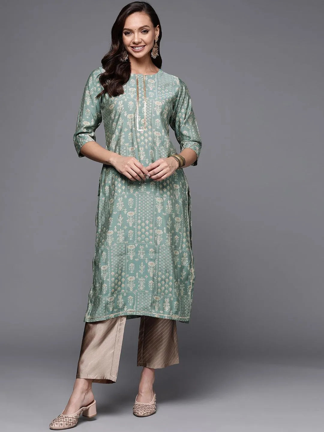 Green Printed Silk Straight Kurta - Libas