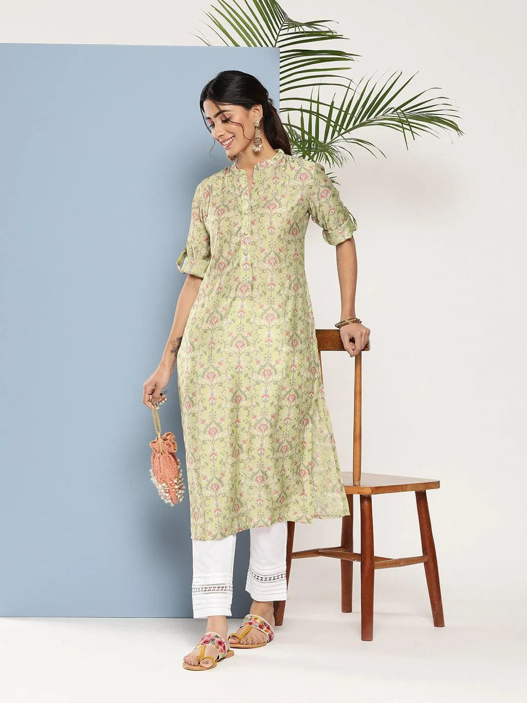 Green Printed Silk Straight Kurta - Libas 