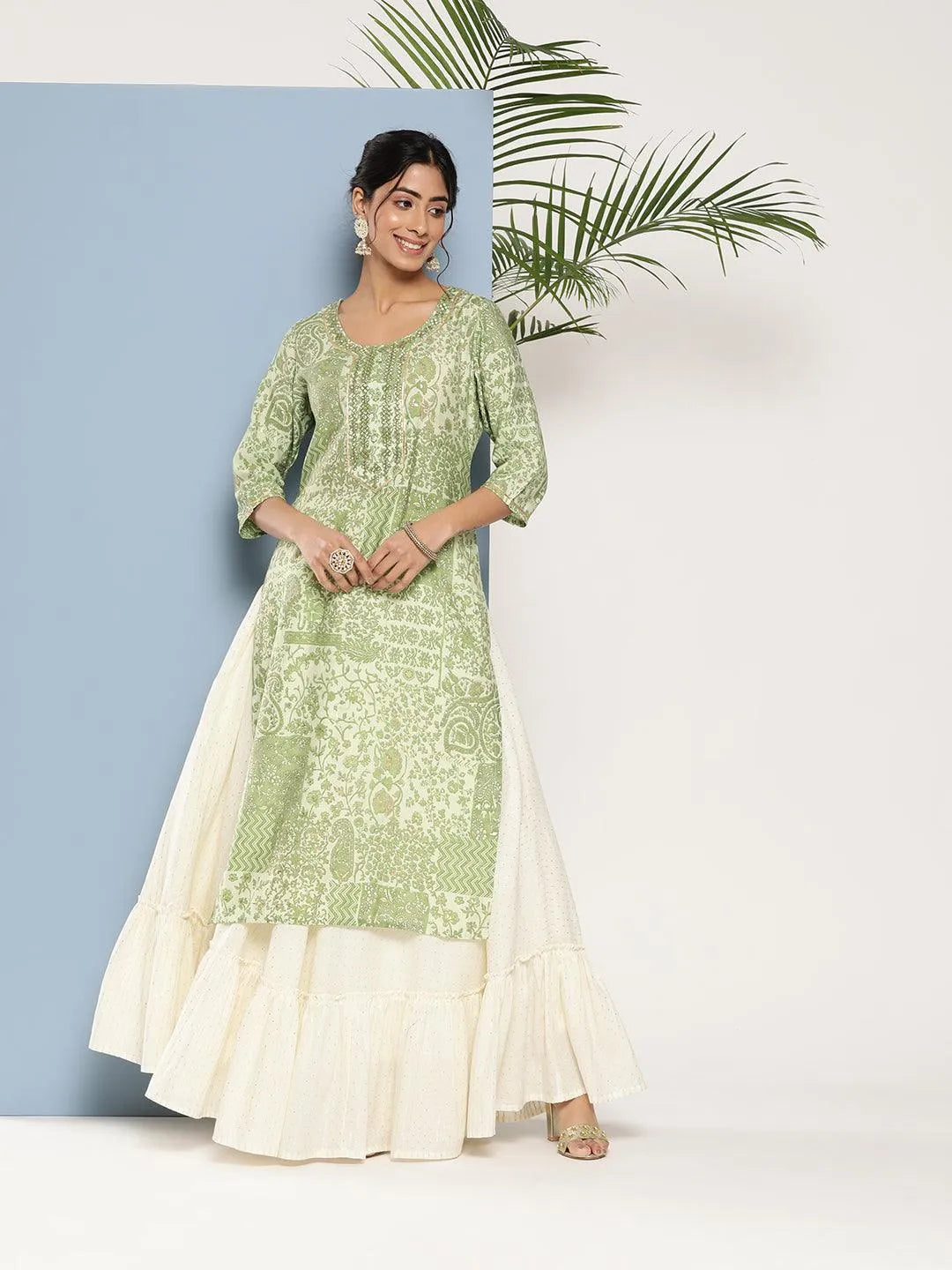 Green Printed Silk Straight Kurta - Libas 