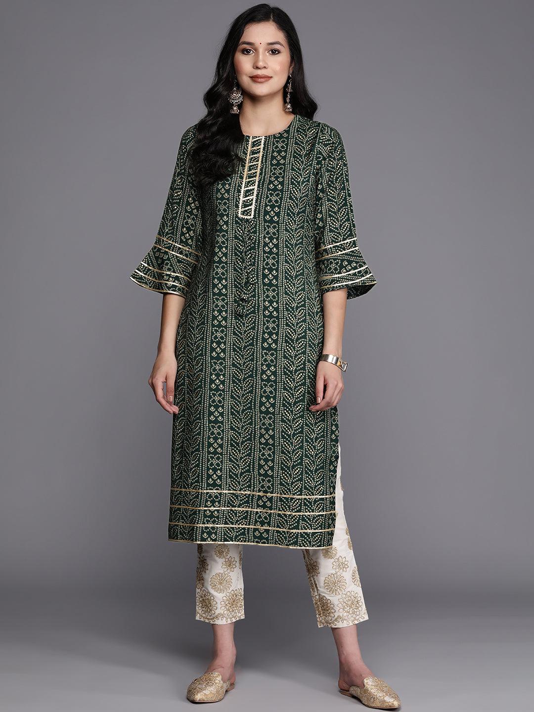 Green Printed Silk Straight Kurta - Libas