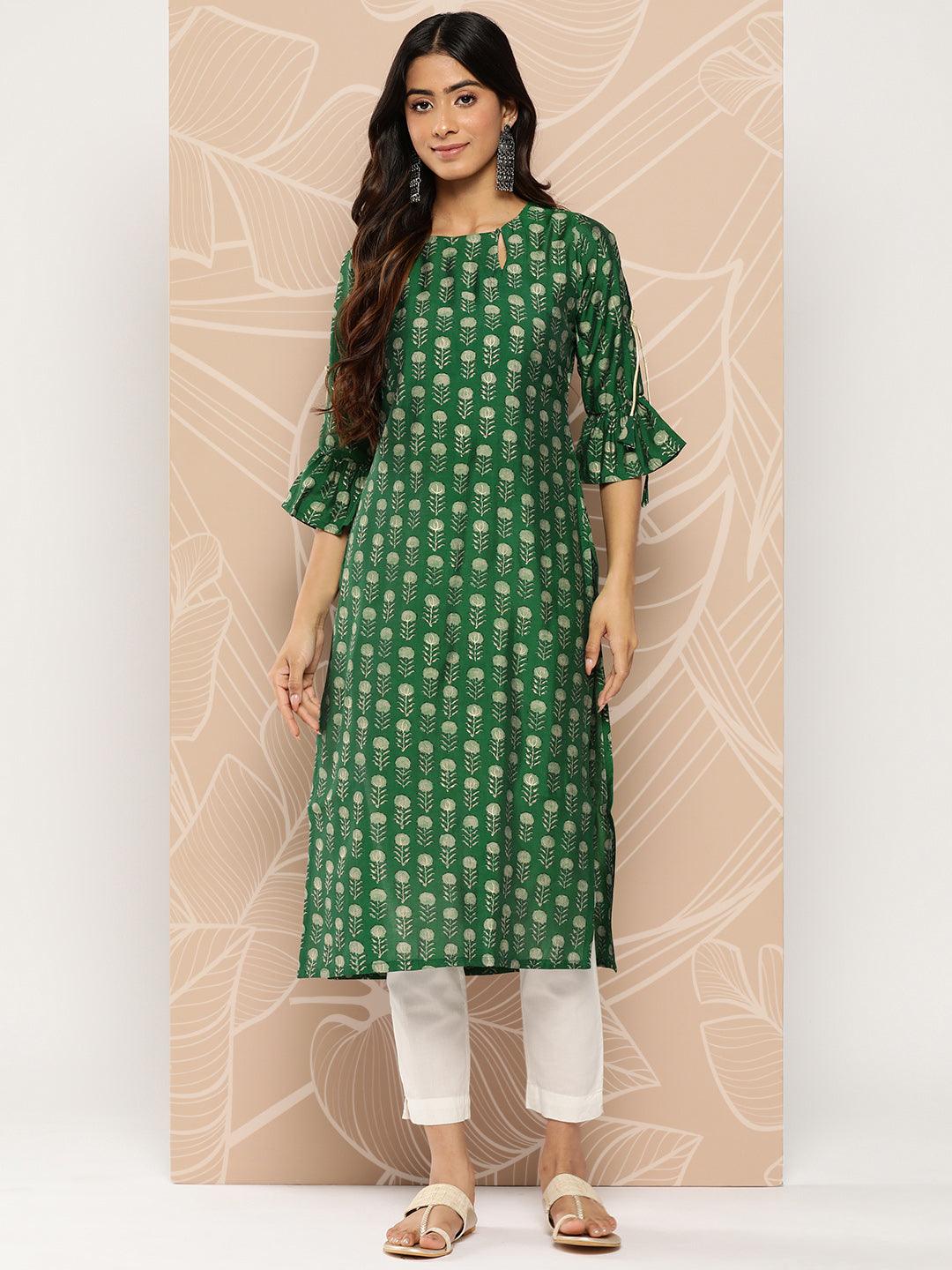 Green Printed Silk Straight Kurta - Libas