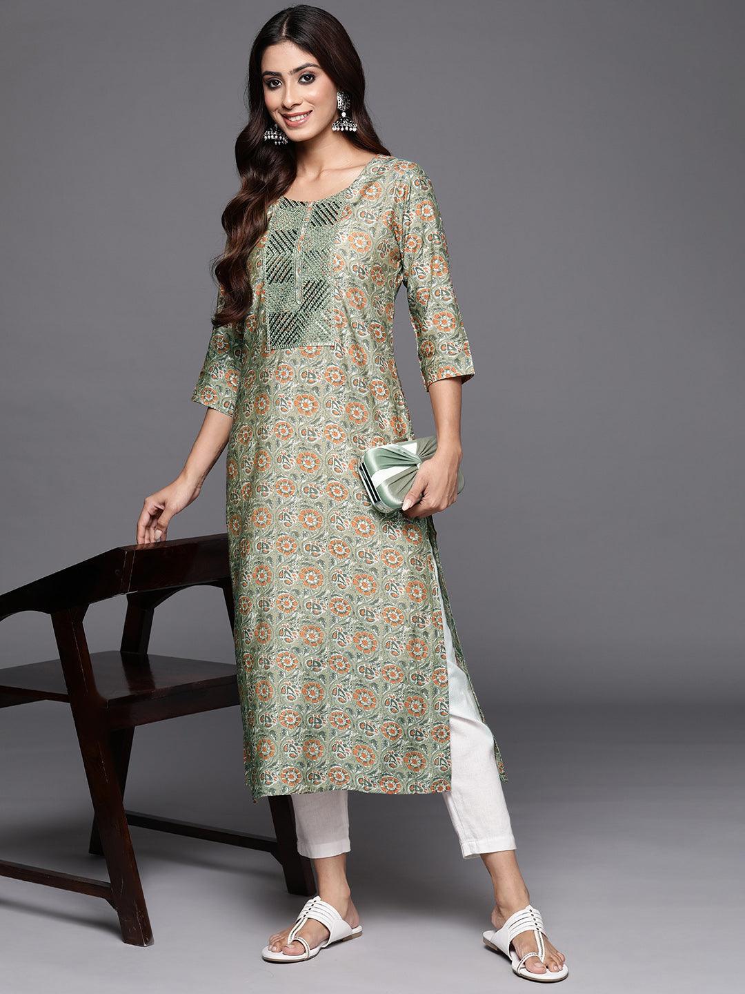 Green Printed Silk Straight Kurta - Libas