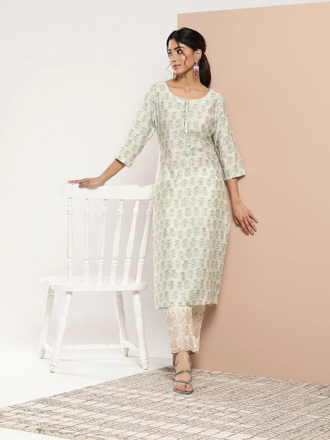 Green Printed Silk Straight Kurta - Libas 