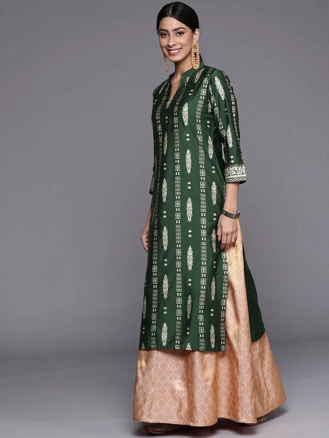 Green Printed Silk Straight Kurta - Libas 