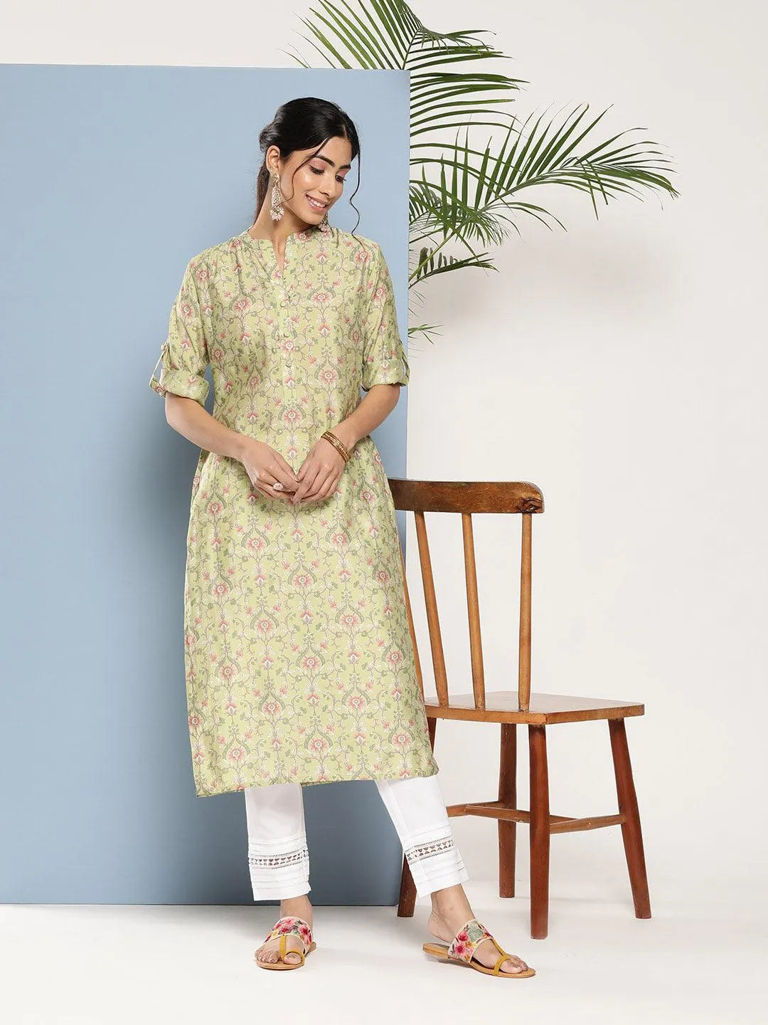 Green Printed Silk Straight Kurta - Libas 