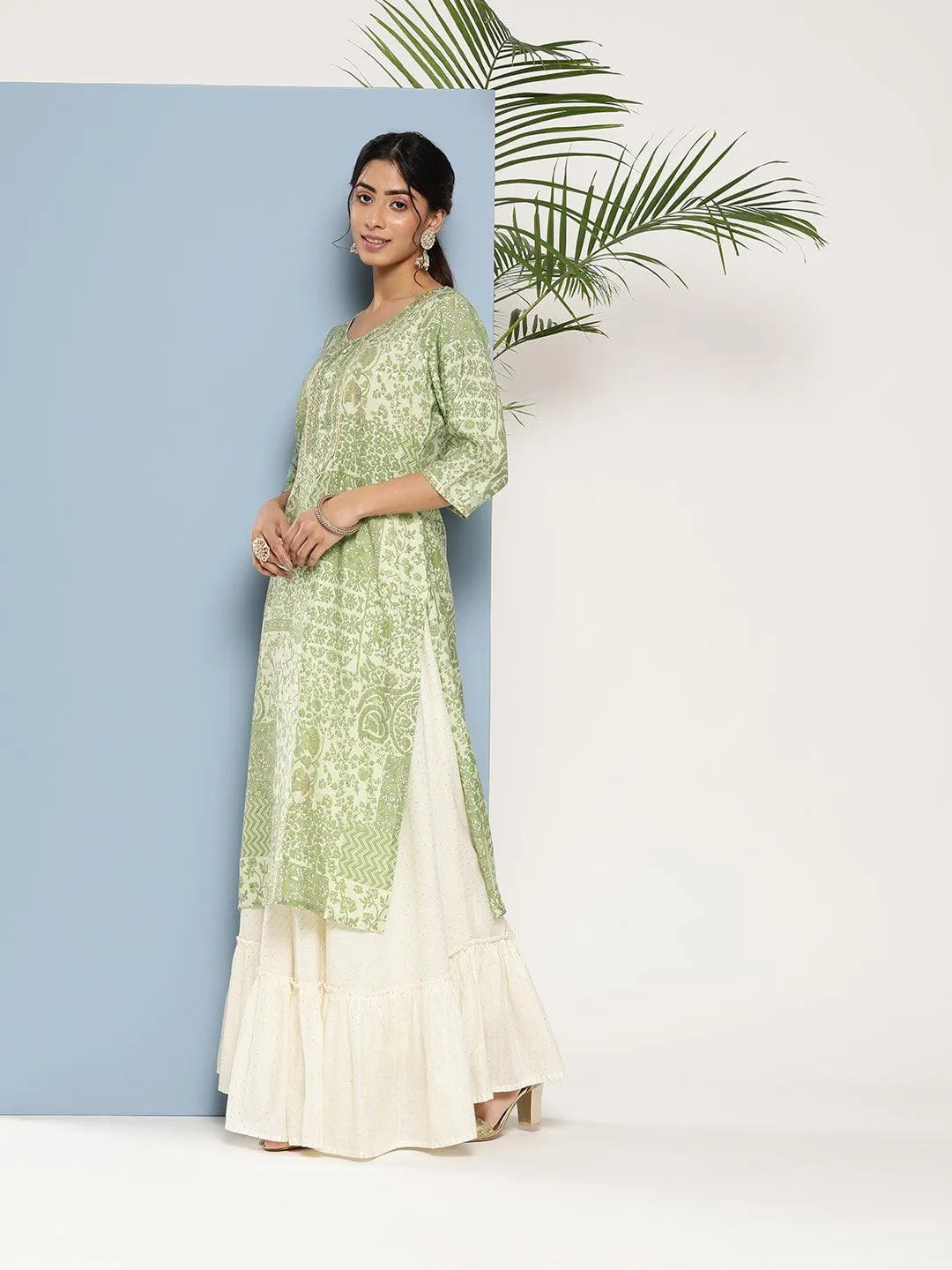 Green Printed Silk Straight Kurta - Libas 