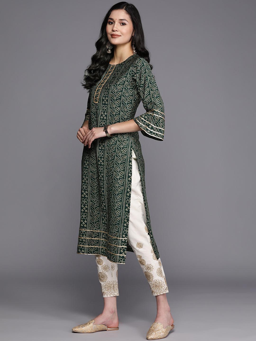 Green Printed Silk Straight Kurta - Libas 