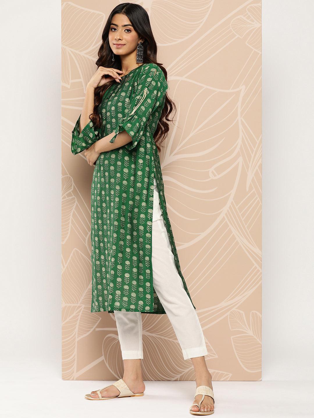 Green Printed Silk Straight Kurta - Libas 