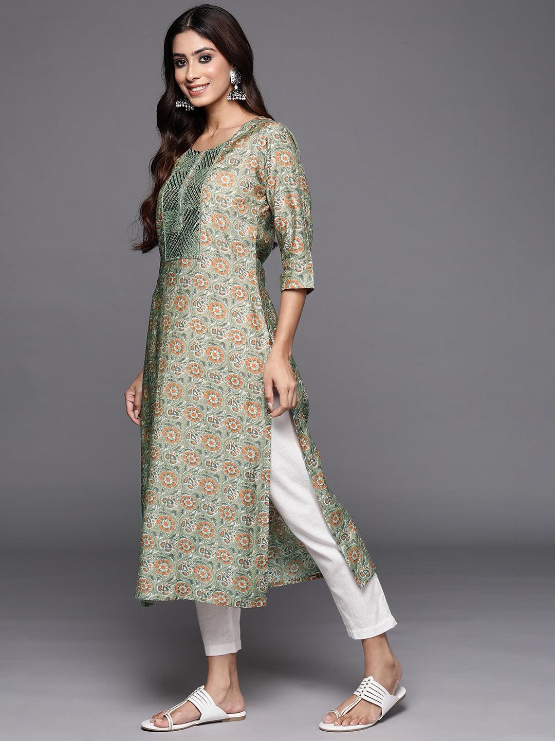 Green Printed Silk Straight Kurta - Libas