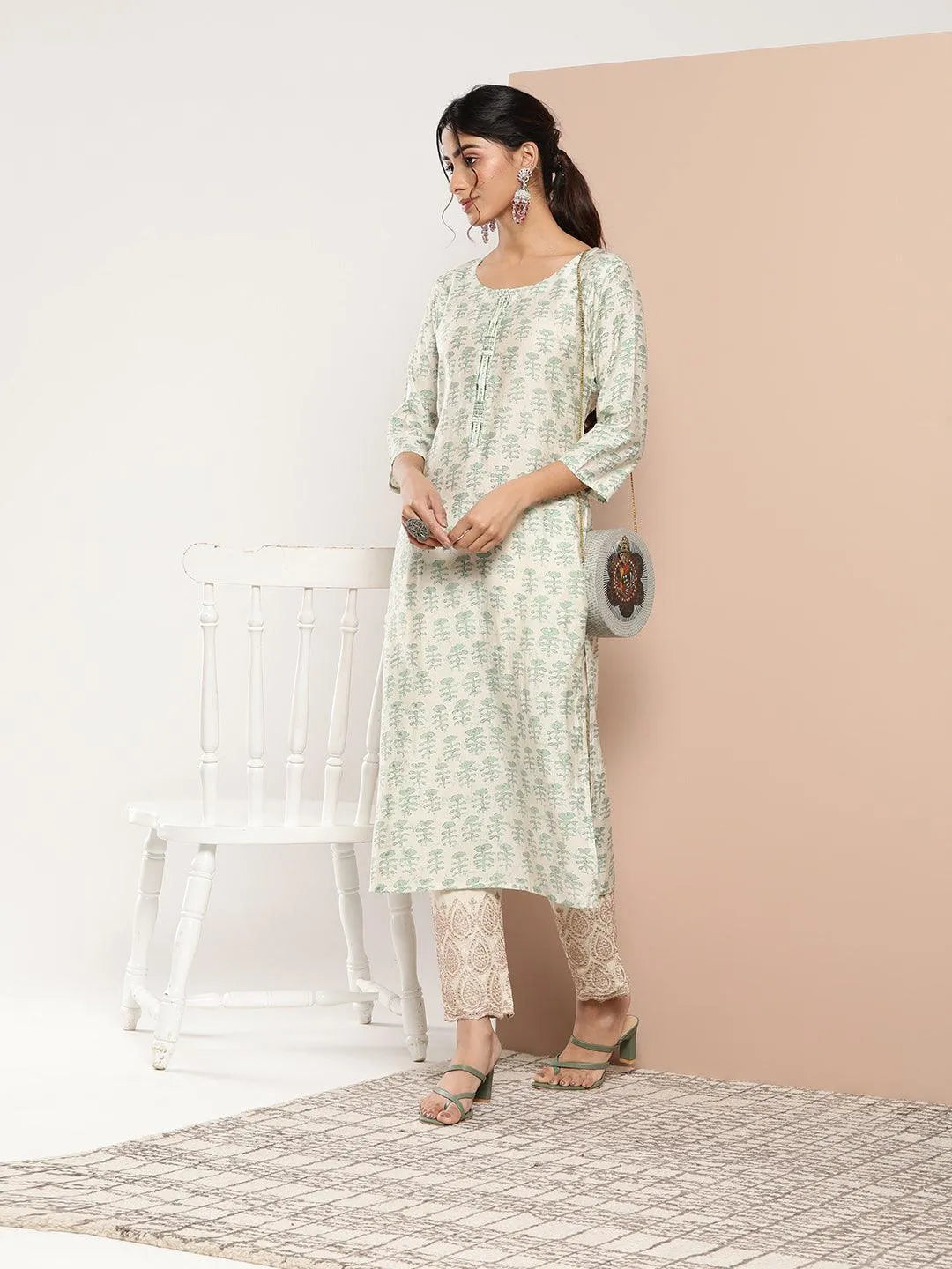 Green Printed Silk Straight Kurta - Libas 