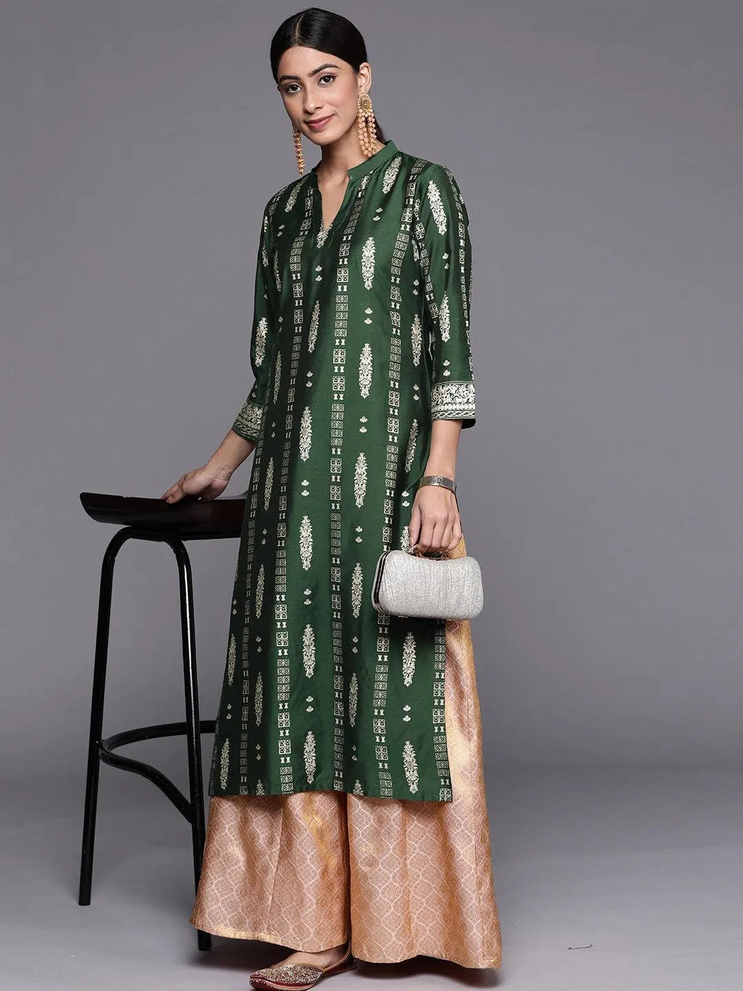 Green Printed Silk Straight Kurta - Libas 