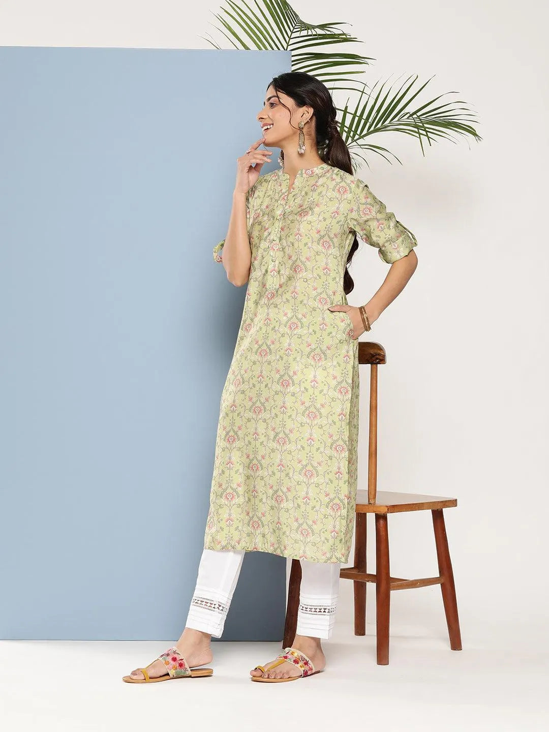 Green Printed Silk Straight Kurta - Libas 