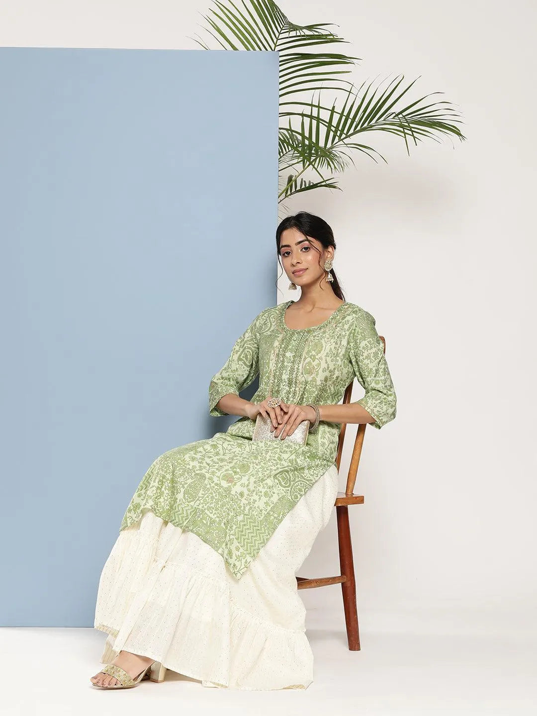 Green Printed Silk Straight Kurta - Libas 